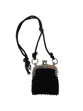 Vintage Black Beaded Coin Purse Kiss lock Mini Art Deco Frame Long Braided Strap